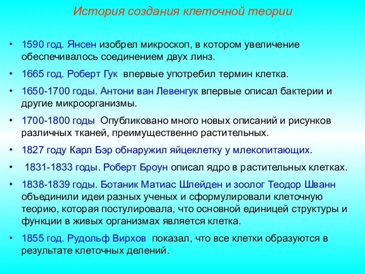 История создания клеточной теории 1590 год. Янсен изобрел микроскоп, в котором увеличение