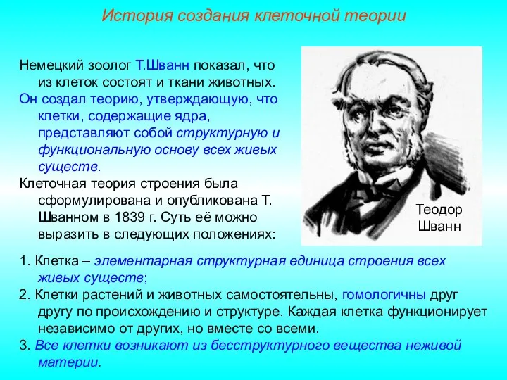 Теодор Шванн Немецкий зоолог Т.Шванн показал, что из клеток состоят и ткани