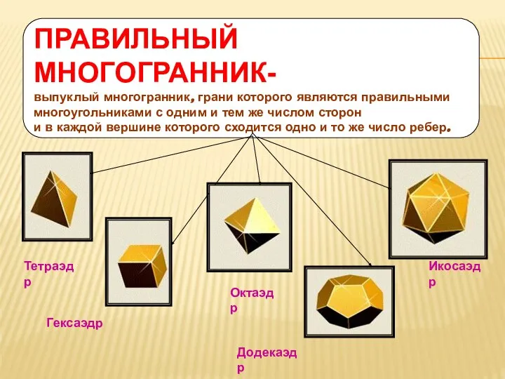 ПРАВИЛЬНЫЙ МНОГОГРАННИК- выпуклый многогранник, грани которого являются правильными многоугольниками с одним и