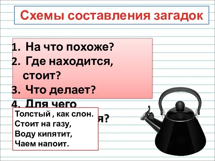 Схемы составления загадок На что похоже? Где находится, стоит? Что делает? Для