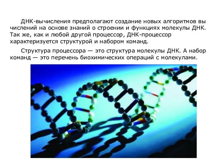 ДНК-вычисления предполагают создание новых алгоритмов вы­числений на основе знаний о строении и