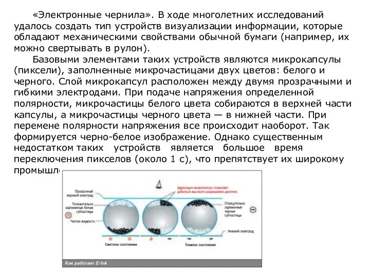 «Электронные чернила». В ходе многолетних исследований удалось создать тип устройств визуализации информации,