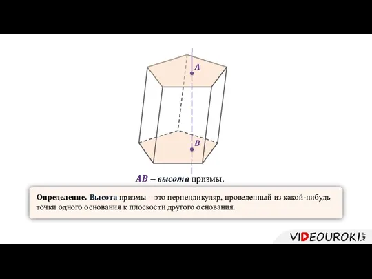 Определение. Высота призмы – это перпендикуляр, проведенный из какой-нибудь точки одного основания к плоскости другого основания.