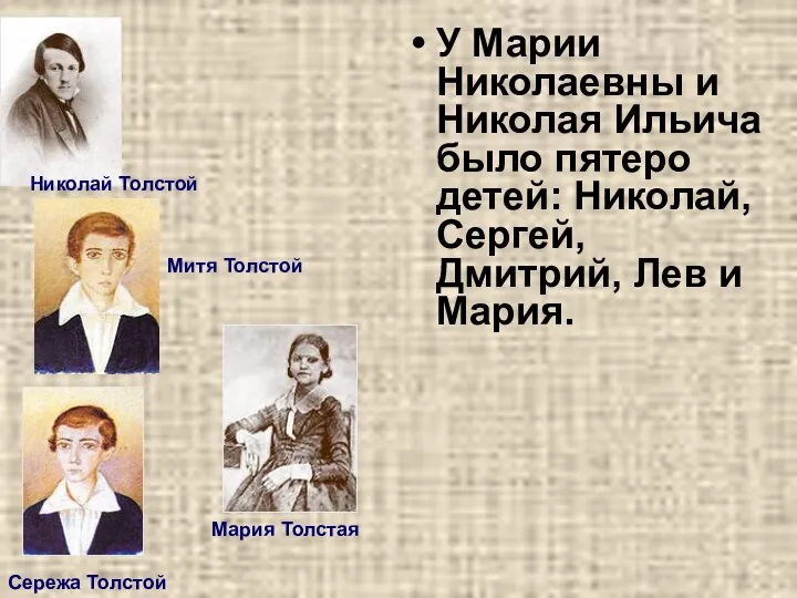 У Марии Николаевны и Николая Ильича было пятеро детей: Николай, Сергей, Дмитрий,