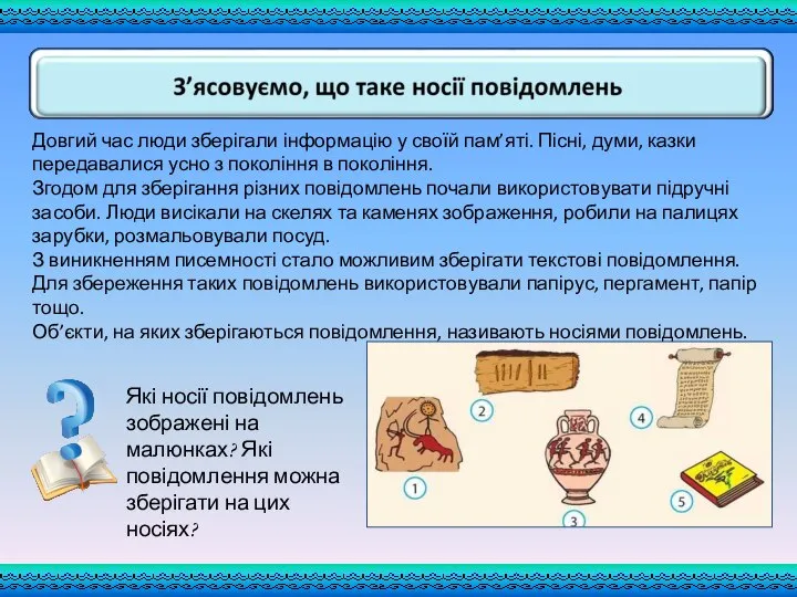 Які носії повідомлень зображені на малюнках? Які повідомлення можна зберігати на цих