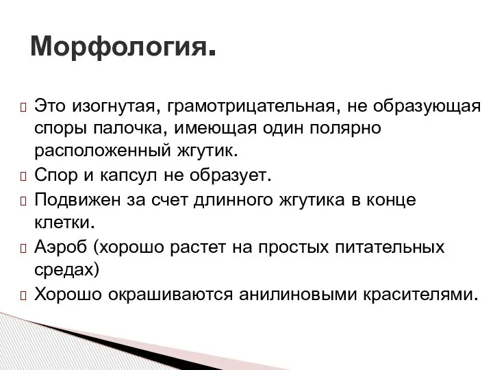 Это изогнутая, грамотрицательная, не образующая споры палочка, имеющая один полярно расположенный жгутик.