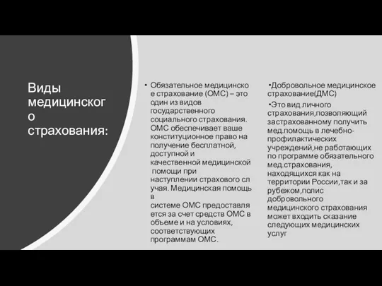 Виды медицинского страхования: Обязательное медицинское страхование (ОМС) – это один из видов