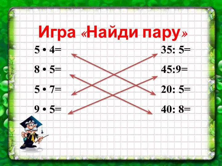 Игра «Найди пару» 5 • 4= 35: 5= 8 • 5= 45:9=