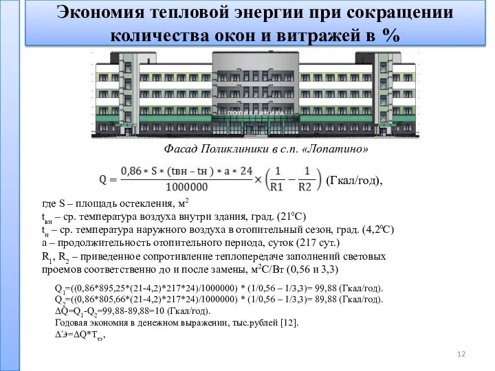 Экономия тепловой энергии при сокращении количества окон и витражей в % Фасад