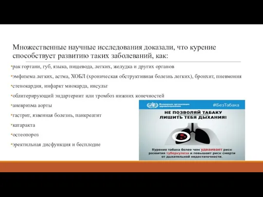 Множественные научные исследования доказали, что курение способствует развитию таких заболеваний, как: рак