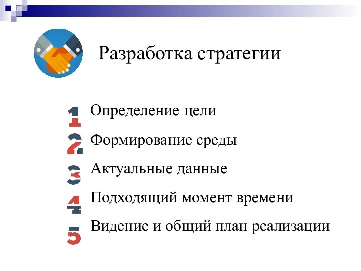 Разработка стратегии Определение цели Формирование среды Актуальные данные Подходящий момент времени Видение и общий план реализации