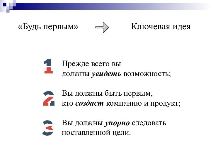 «Будь первым» Прежде всего вы должны увидеть возможность; Вы должны быть первым,