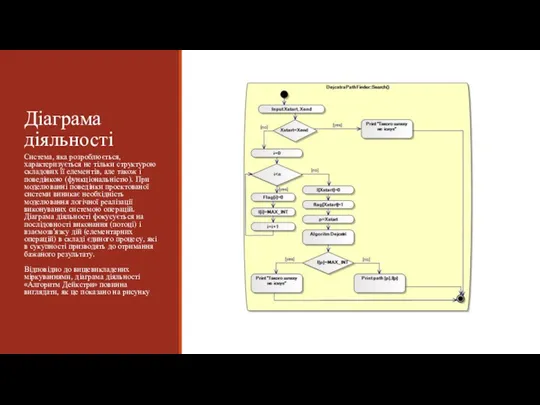 Діаграма діяльності Система, яка розроблюється, характеризується не тільки структурою складових її елементів,