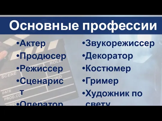 Актер Продюсер Режиссер Сценарист Оператор Основные профессии Звукорежиссер Декоратор Костюмер Гример Художник по свету