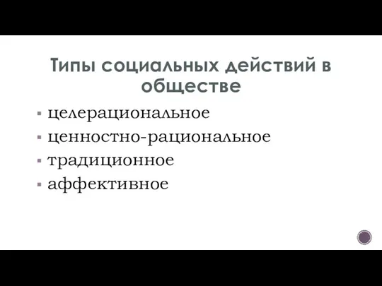 Типы социальных действий в обществе целерациональное ценностно-рациональное традиционное аффективное