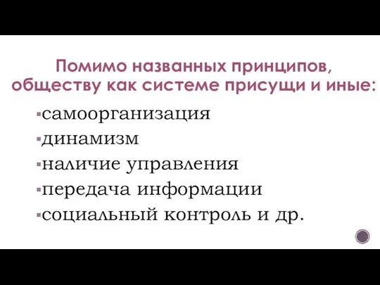 Помимо названных принципов, обществу как системе присущи и иные: самоорганизация динамизм наличие