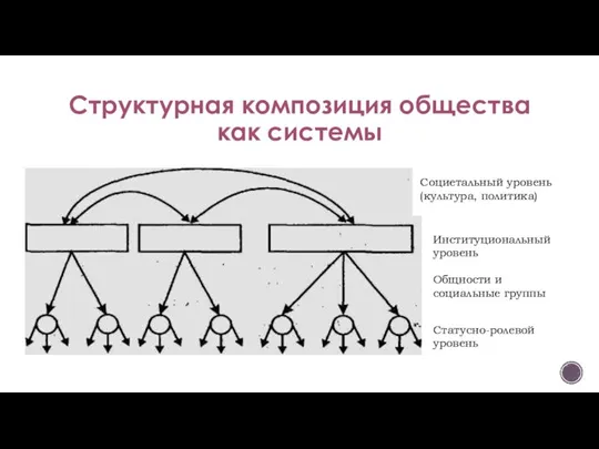 Структурная композиция общества как системы Социетальный уровень (культура, политика) Институциональный уровень Общности