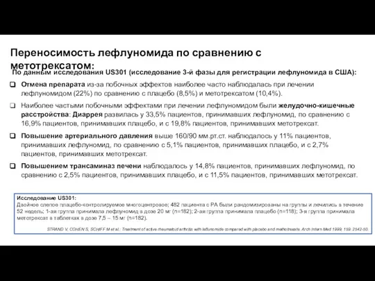 По данным исследования US301 (исследование 3-й фазы для регистрации лефлуномида в США):