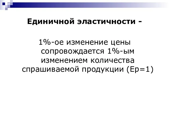 Единичной эластичности - 1%-ое изменение цены сопровождается 1%-ым изменением количества спрашиваемой продукции (Еp=1)