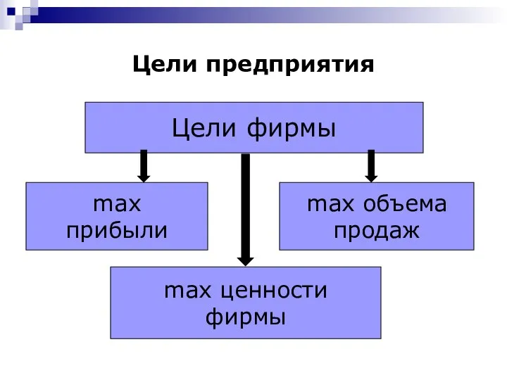 Цели предприятия Цели фирмы max прибыли max ценности фирмы max объема продаж