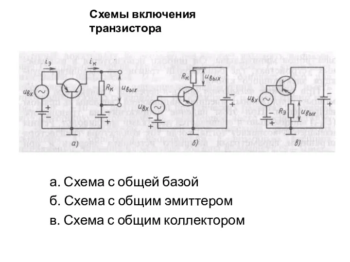 а. Схема с общей базой б. Схема с общим эмиттером в. Схема