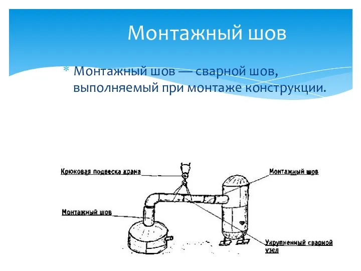 Монтажный шов Монтажный шов — сварной шов, выполняемый при монтаже конструкции.