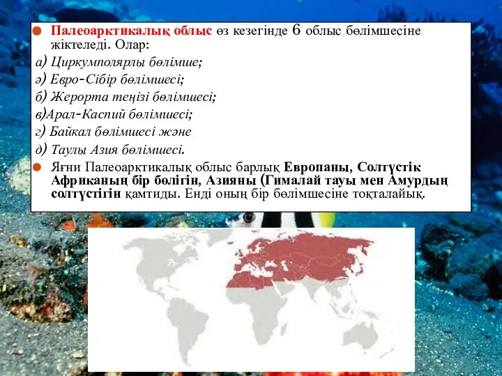 Палеоарктикалық облыс өз кезегінде 6 облыс бөлімшесіне жіктеледі. Олар: а) Циркумполярлы бөлімше;