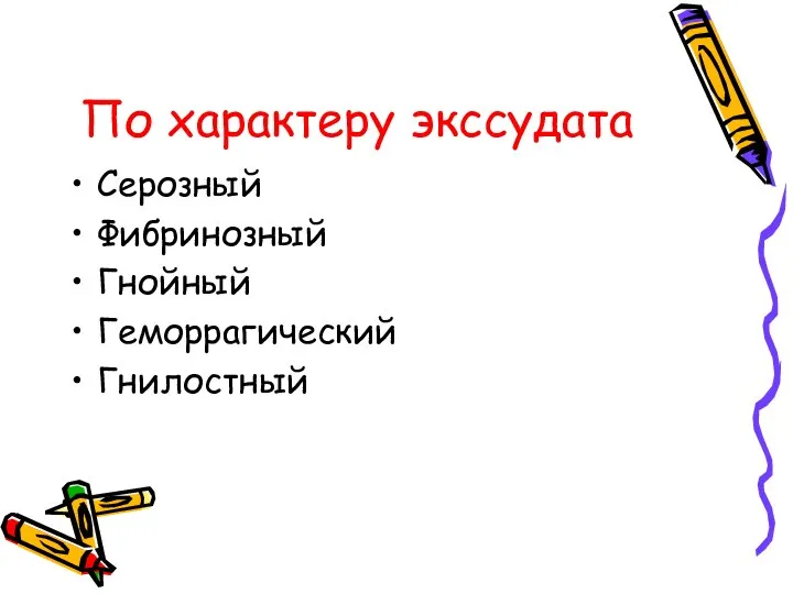 По характеру экссудата Серозный Фибринозный Гнойный Геморрагический Гнилостный