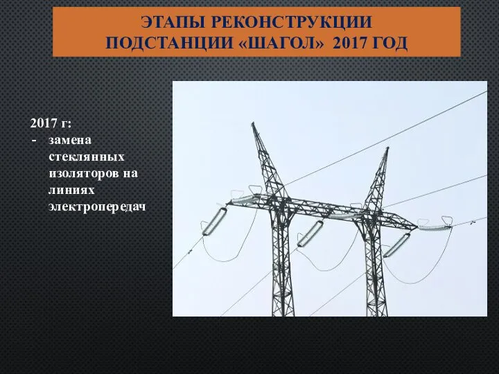 ЭТАПЫ РЕКОНСТРУКЦИИ ПОДСТАНЦИИ «ШАГОЛ» 2017 ГОД 2017 г: замена стеклянных изоляторов на линиях электропередач