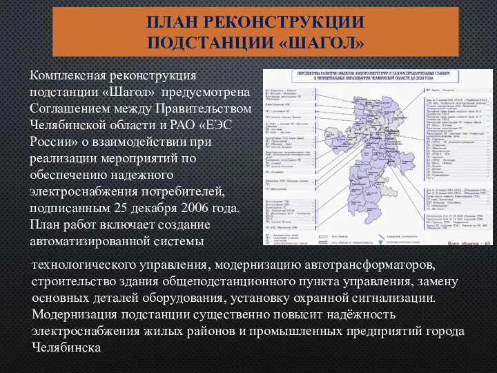 ПЛАН РЕКОНСТРУКЦИИ ПОДСТАНЦИИ «ШАГОЛ» Комплексная реконструкция подстанции «Шагол» предусмотрена Соглашением между Правительством