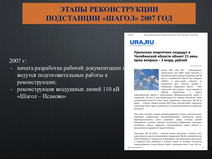 ЭТАПЫ РЕКОНСТРУКЦИИ ПОДСТАНЦИИ «ШАГОЛ» 2007 ГОД 2007 г: начата разработка рабочей документации