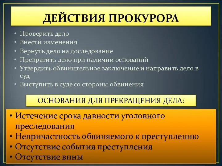 ДЕЙСТВИЯ ПРОКУРОРА Проверить дело Внести изменения Вернуть дело на доследование Прекратить дело