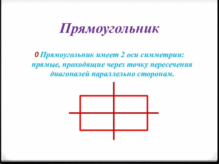 Прямоугольник Прямоугольник имеет 2 оси симметрии: прямые, проходящие через точку пересечения диагоналей параллельно сторонам.