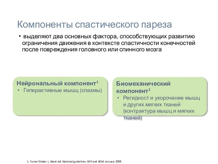 Компоненты спастического пареза выделяют два основных фактора, способствующих развитию ограничения движения в