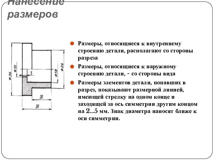 Нанесение размеров Размеры, относящиеся к внутреннему строению детали, располагают со стороны разреза