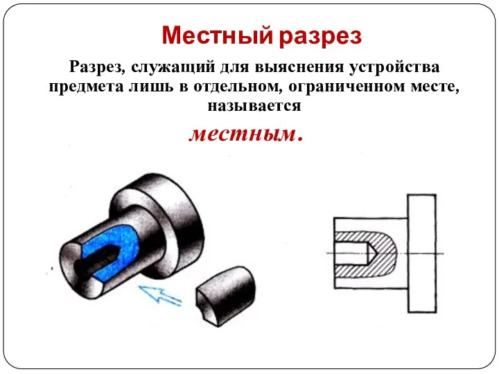 Местный разрез Разрез, служащий для выяснения устройства предмета лишь в отдельном, ограниченном месте, называется местным.