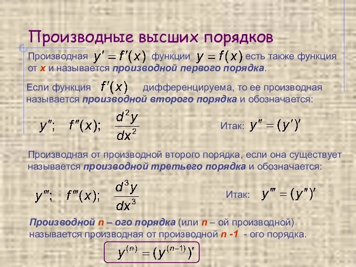 Производные высших порядков Итак: Производной n – ого порядка (или n –