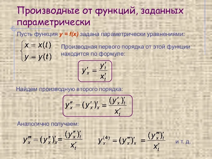 Производные от функций, заданных параметрически Производная первого порядка от этой функции находится