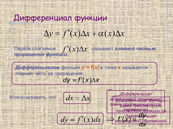 Дифференциал функции Дифференциалом функции y = f(x) в точке х называется главная