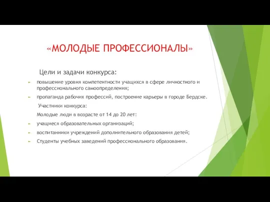 «МОЛОДЫЕ ПРОФЕССИОНАЛЫ» Цели и задачи конкурса: повышение уровня компетентности учащихся в сфере