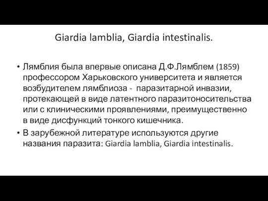Giardia lamblia, Giardia intestinalis. Лямблия была впервые описана Д.Ф.Лямблем (1859) профессором Харьковского