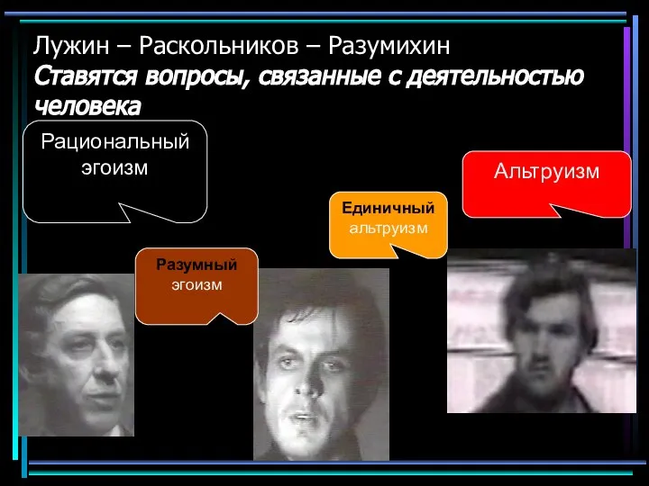 Рациональный эгоизм Разумный эгоизм Альтруизм Единичный альтруизм Лужин – Раскольников – Разумихин