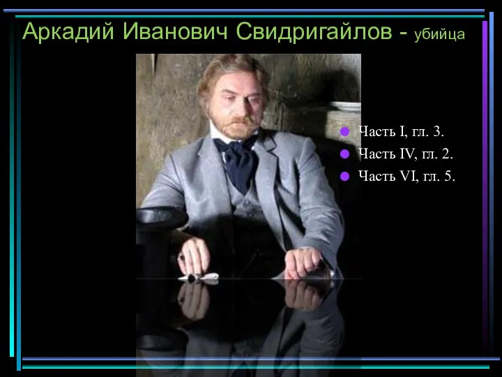 Аркадий Иванович Свидригайлов - убийца Часть I, гл. 3. Часть IV, гл.