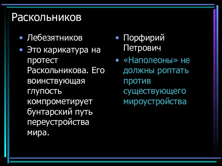 Раскольников Лебезятников Это карикатура на протест Раскольникова. Его воинствующая глупость компрометирует бунтарский