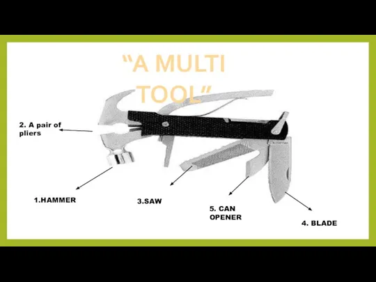 “A MULTI TOOL” 1.HAMMER 2. A pair of pliers 3.SAW 4. BLADE 5. CAN OPENER