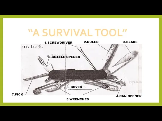 “A SURVIVAL TOOL” 3.BLADE 7.PICK 8. BOTTLE OPENER 4.CAN OPENER 5.WRENCHES 2.RULER 6. COVER 1.SCREWDRIVER