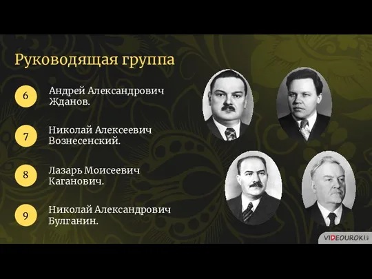 Андрей Александрович Жданов. 6 7 Николай Алексеевич Вознесенский. 8 Лазарь Моисеевич Каганович.