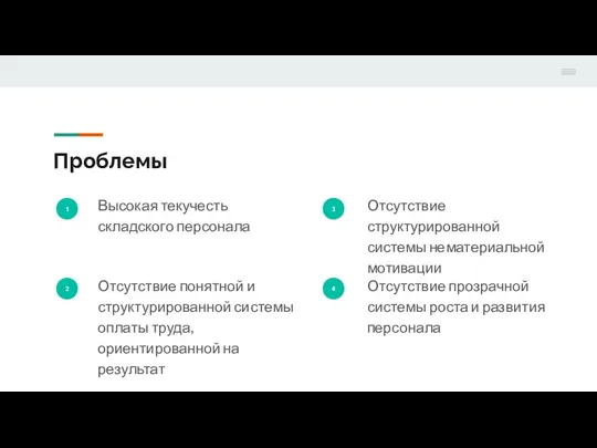 Проблемы 1 Высокая текучесть складского персонала 2 Отсутствие понятной и структурированной системы