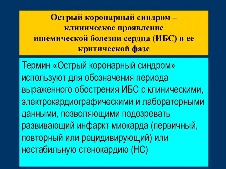 Термин «Острый коронарный синдром» используют для обозначения периода выраженного обострения ИБС с