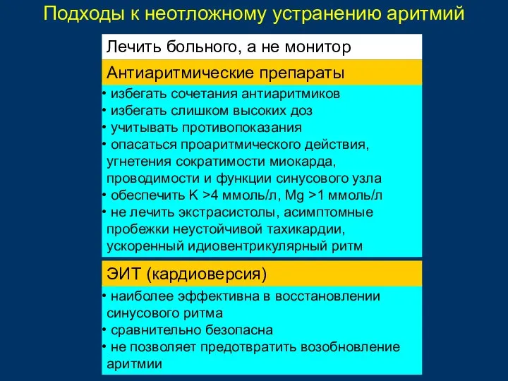 Подходы к неотложному устранению аритмий избегать сочетания антиаритмиков избегать слишком высоких доз